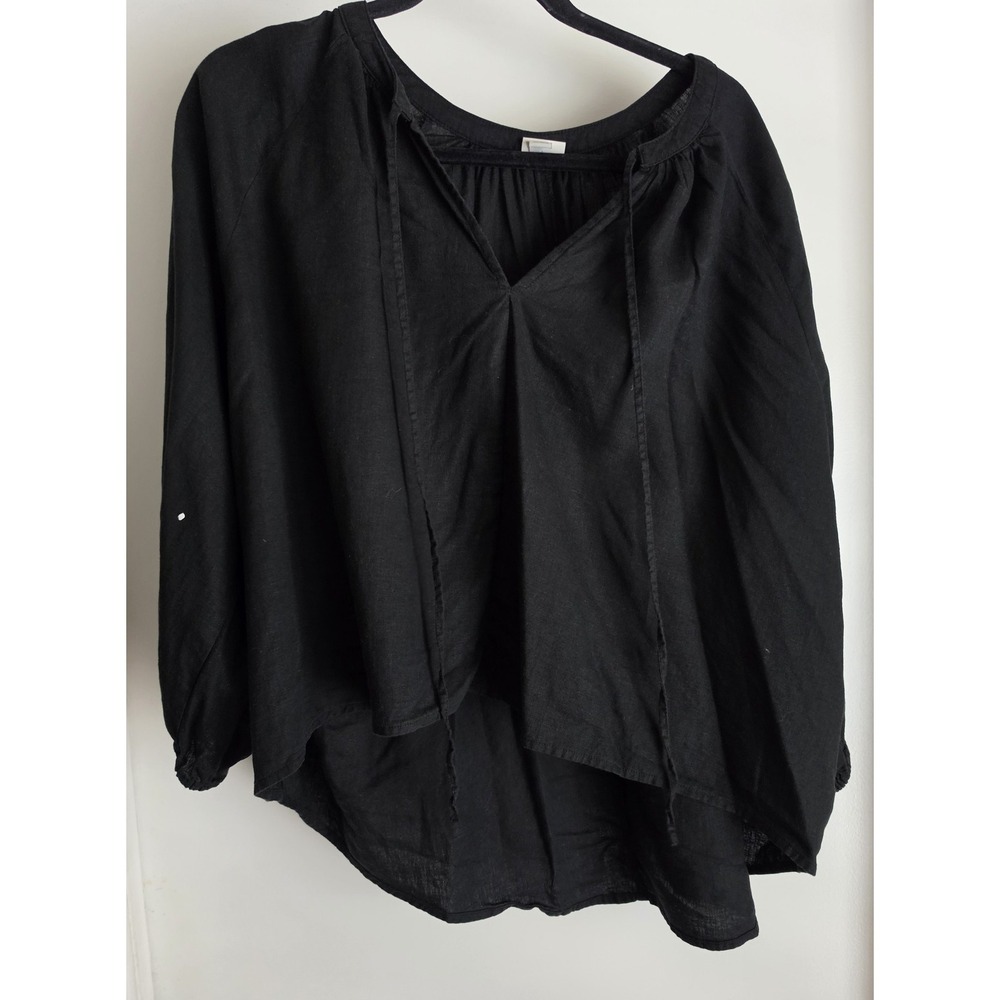 A New Day Blouse Women M Black Linen 3/4 Sleeve Solid Top Shirt Tunic